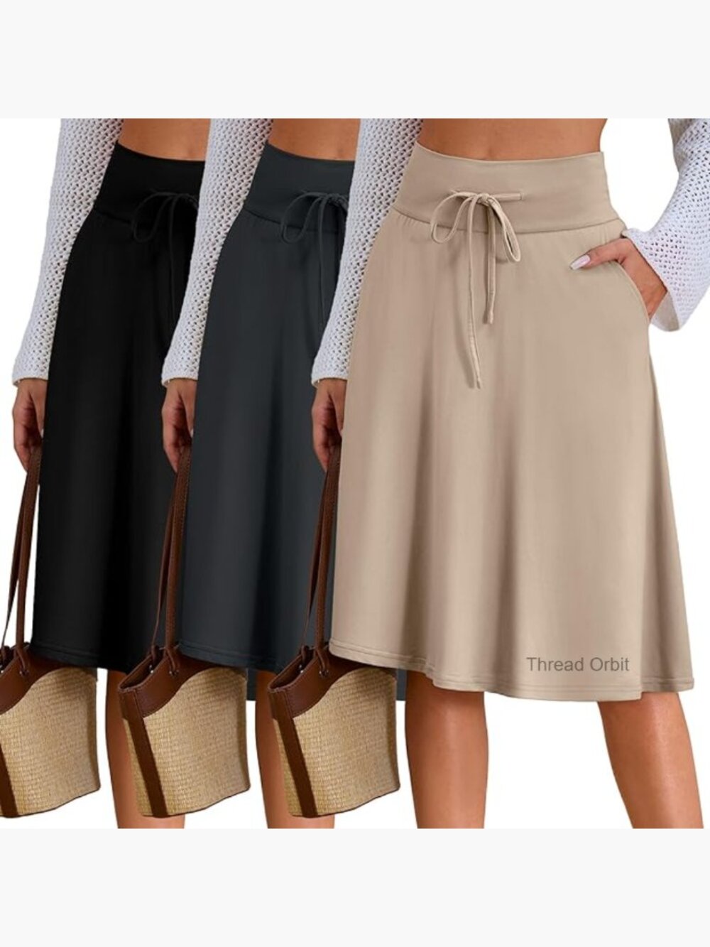 3 Pack Knee Length Midi Skirts High Waisted Flowy A-Line with Pockets